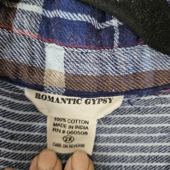 Romantic Gypsy Womens Boho Plaid Multicolor Patchwork Button Up Shirt Plus 2X - Picture 4 of 9